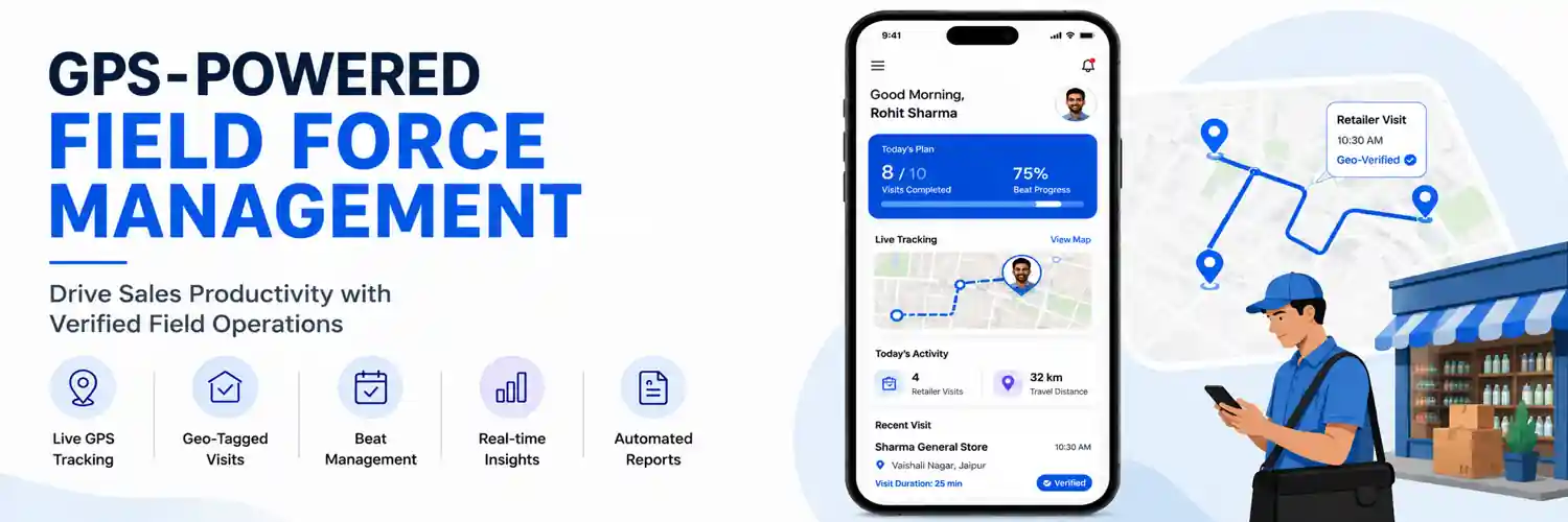 GPS-Powered Field Force Management Software GPS-powered Field Force Management Software dashboard showing live employee tracking, geo-tagged retailer visits, and beat management